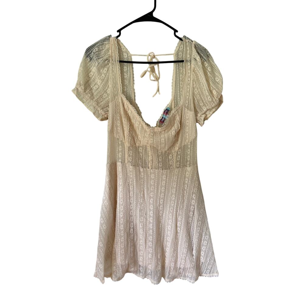 Kimchi Blue for Urban Outfitters Mini Dress Ivory Floral Lace Puff Sleeves L